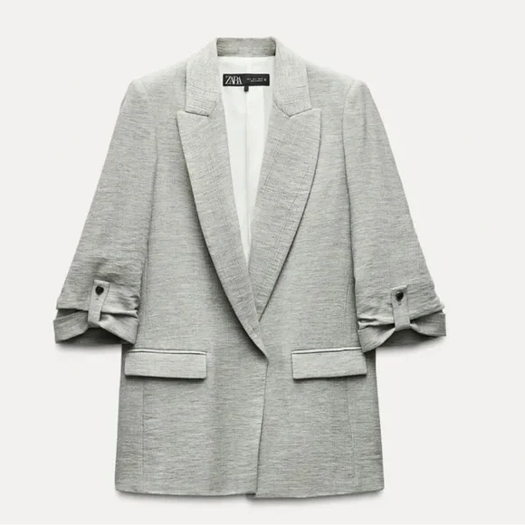 Zara Long Open Blazer Lapel Collar Padded Shoulders Grey Size M - Picture 4 of 8